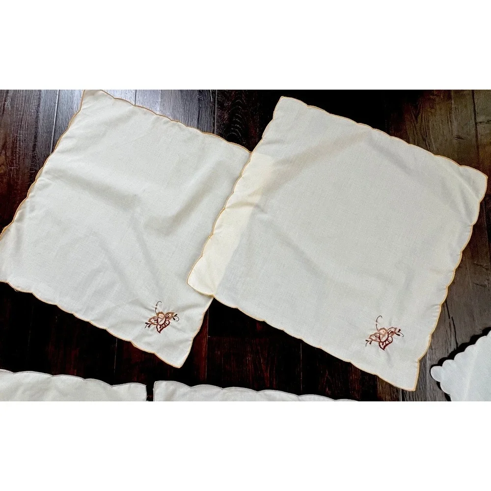Vintage Linen Napkins Beige Embroidered Flower Rose Scallop Edge 15 3 Design Mix